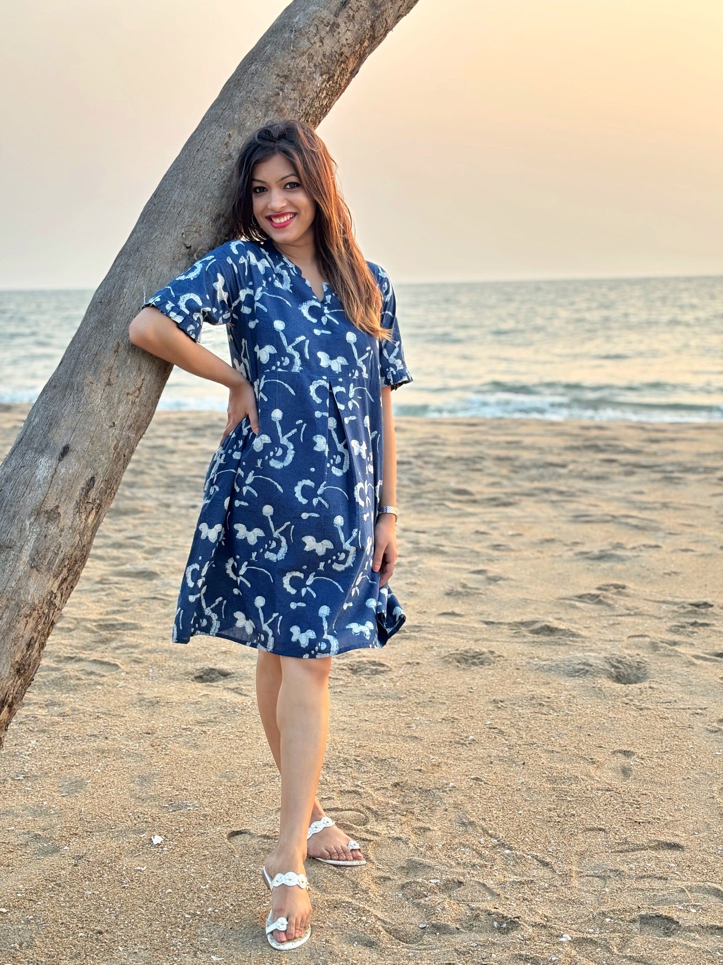 Indigo Blue Hand-block Print Cotton Dress