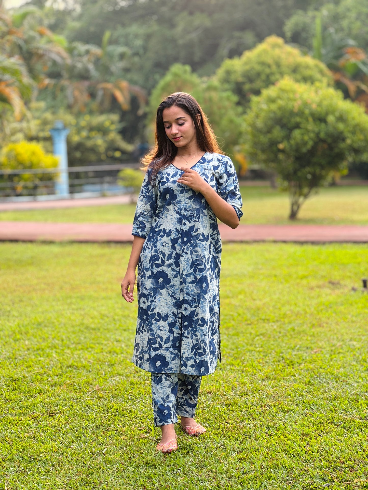 Blue Floral Print Cotton Co-ord Set