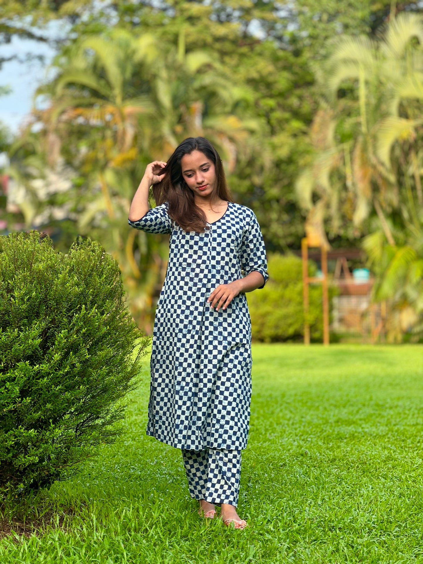 Blue Check Print Cotton Co-ord Set