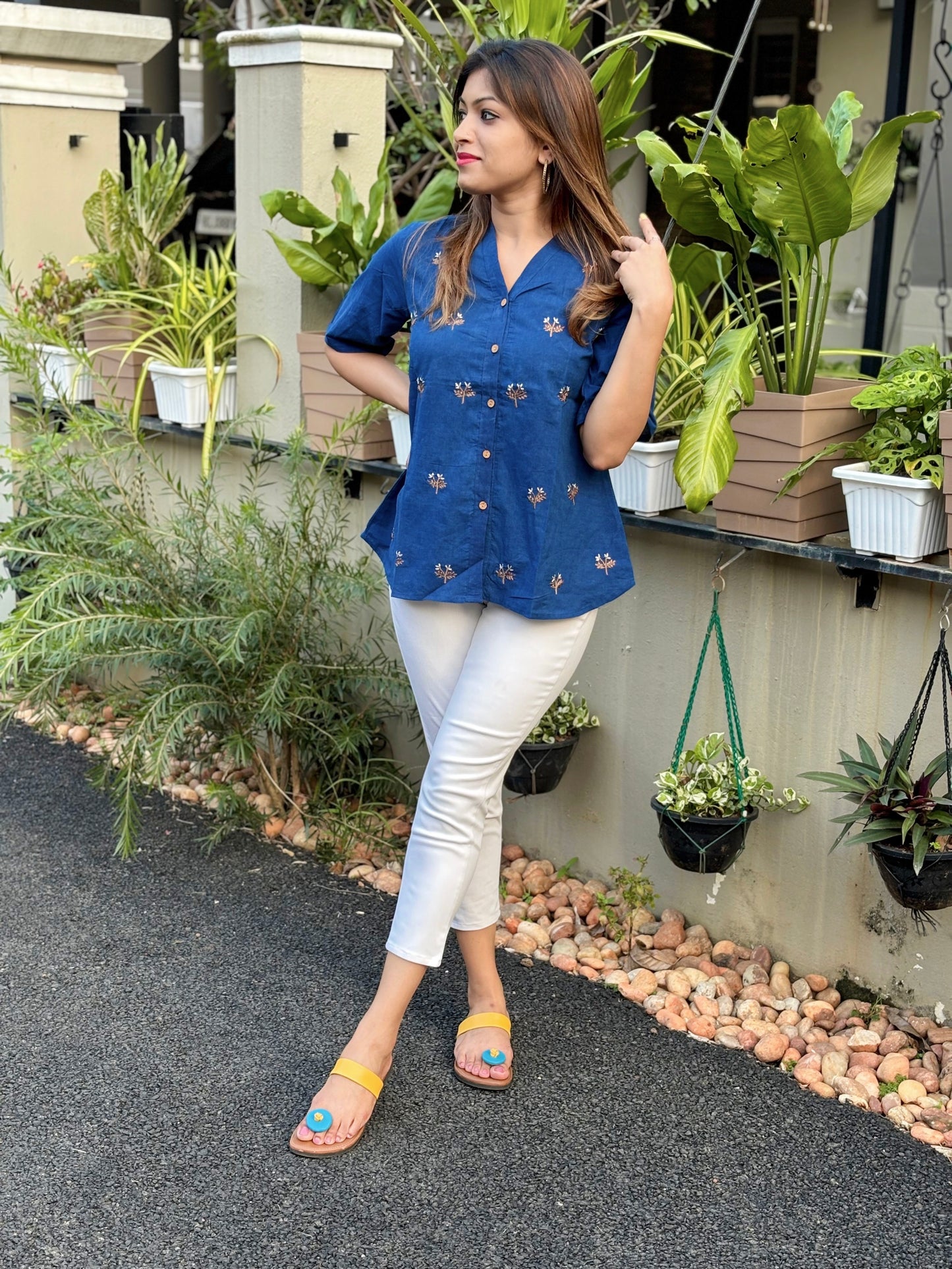 Embroidered Indigo Shirt Top