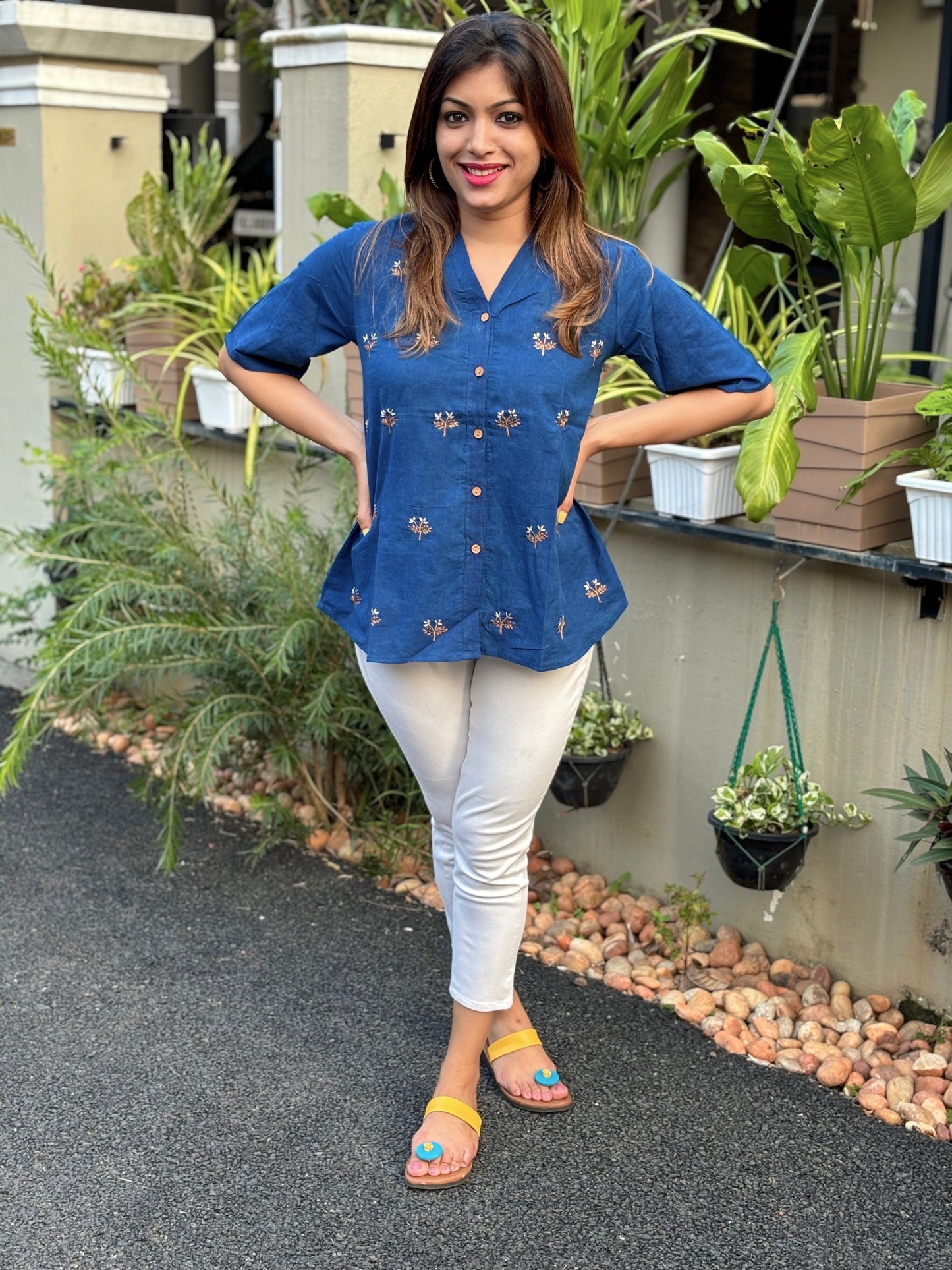 Embroidered Indigo Shirt Top