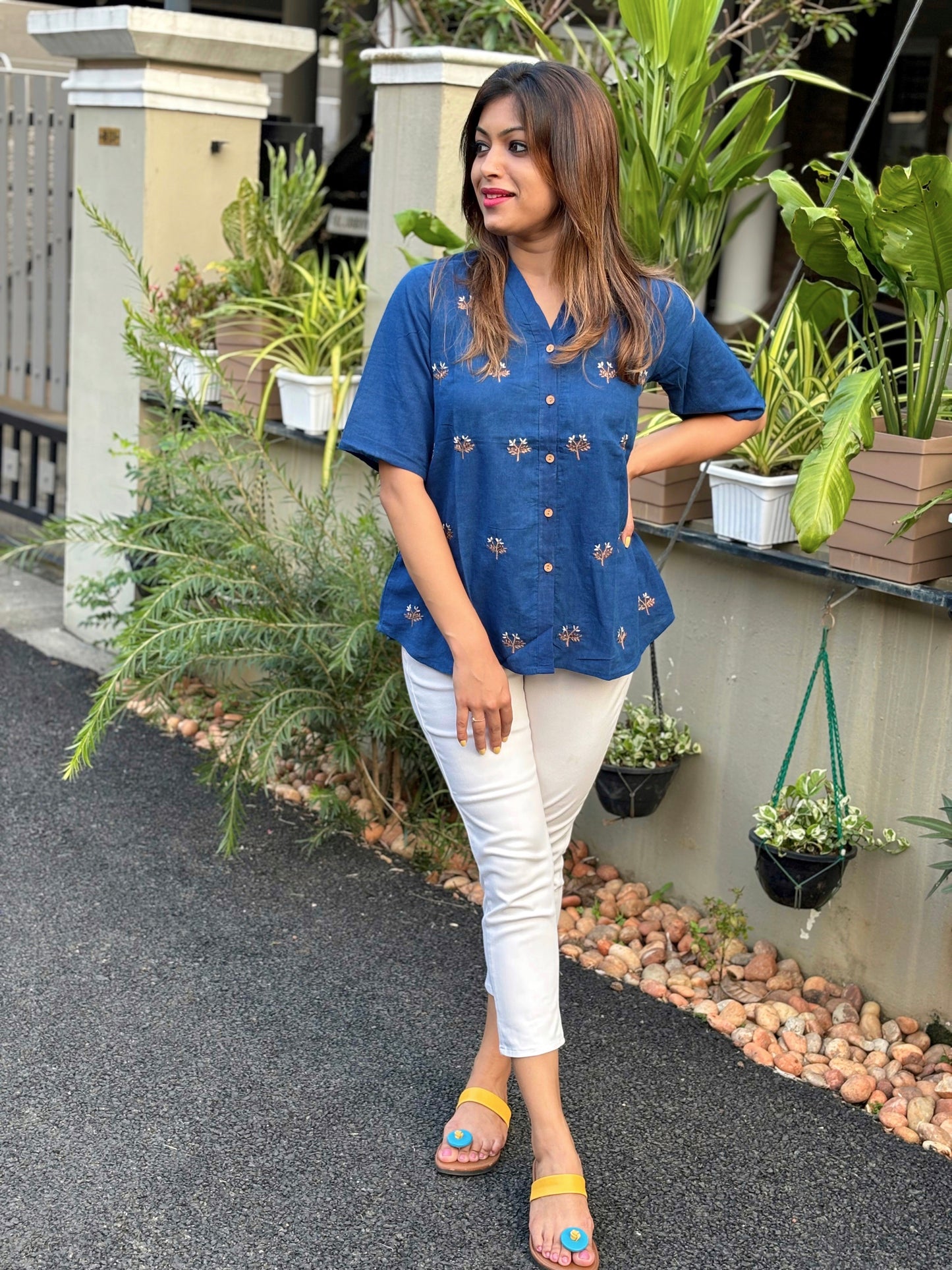 Embroidered Indigo Shirt Top