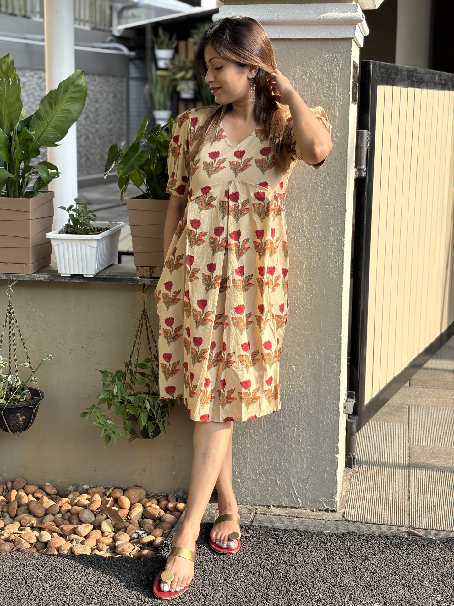 Beige Floral Hand-block Print Cotton Casual Dress