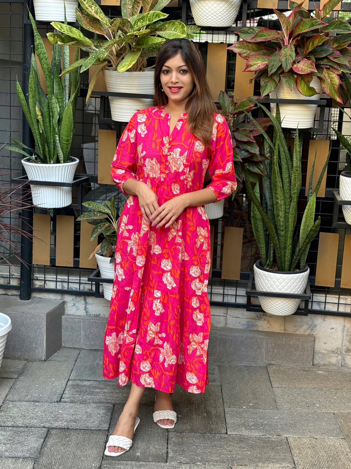 Pink Floral Print Cotton Maxi-Dress