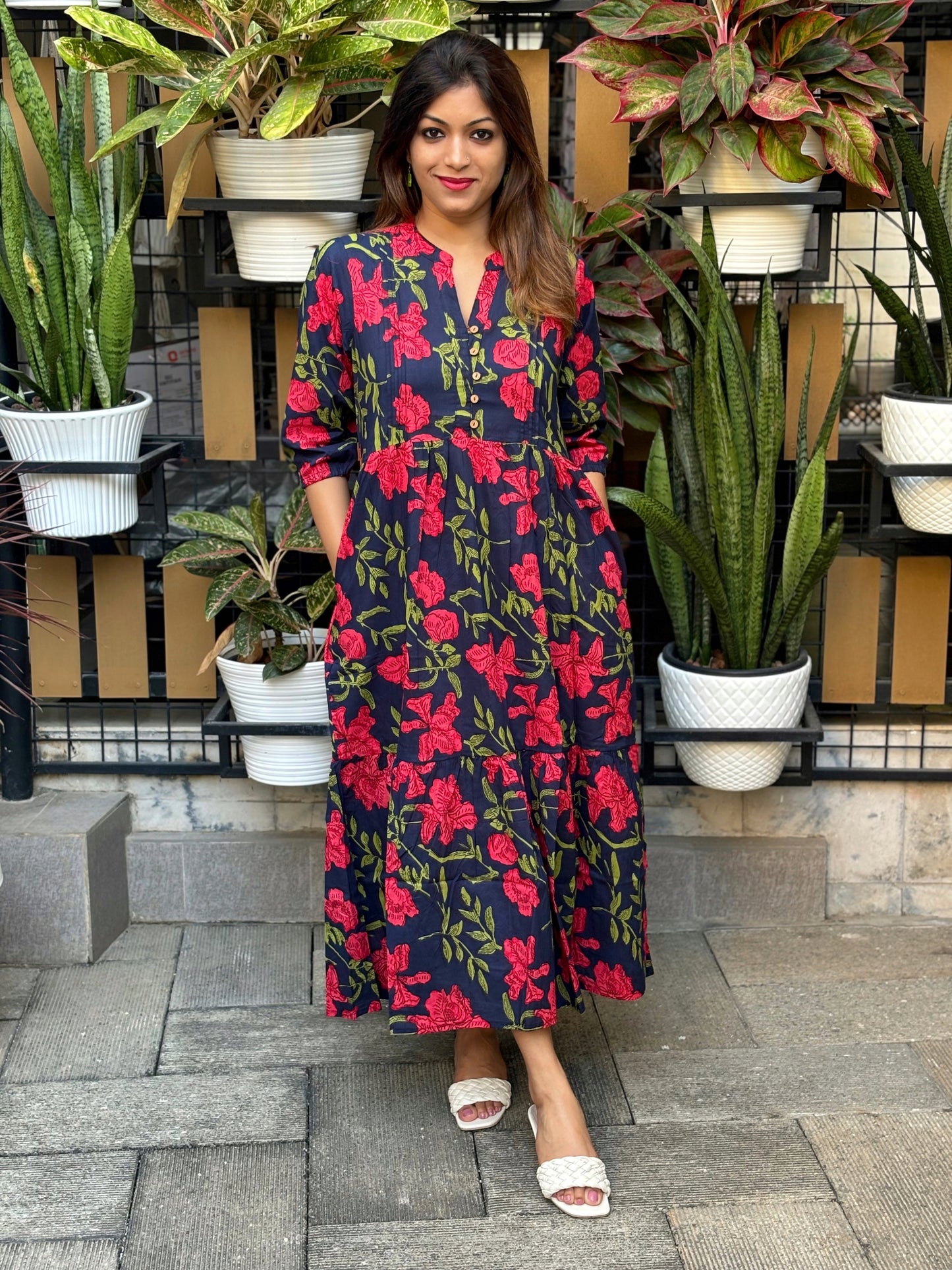 Blue Floral Print Cotton Maxi-Dress