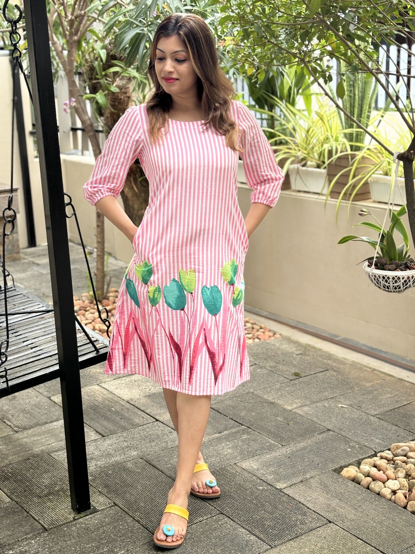 Pink Stripes Floral Border Cotton Dress