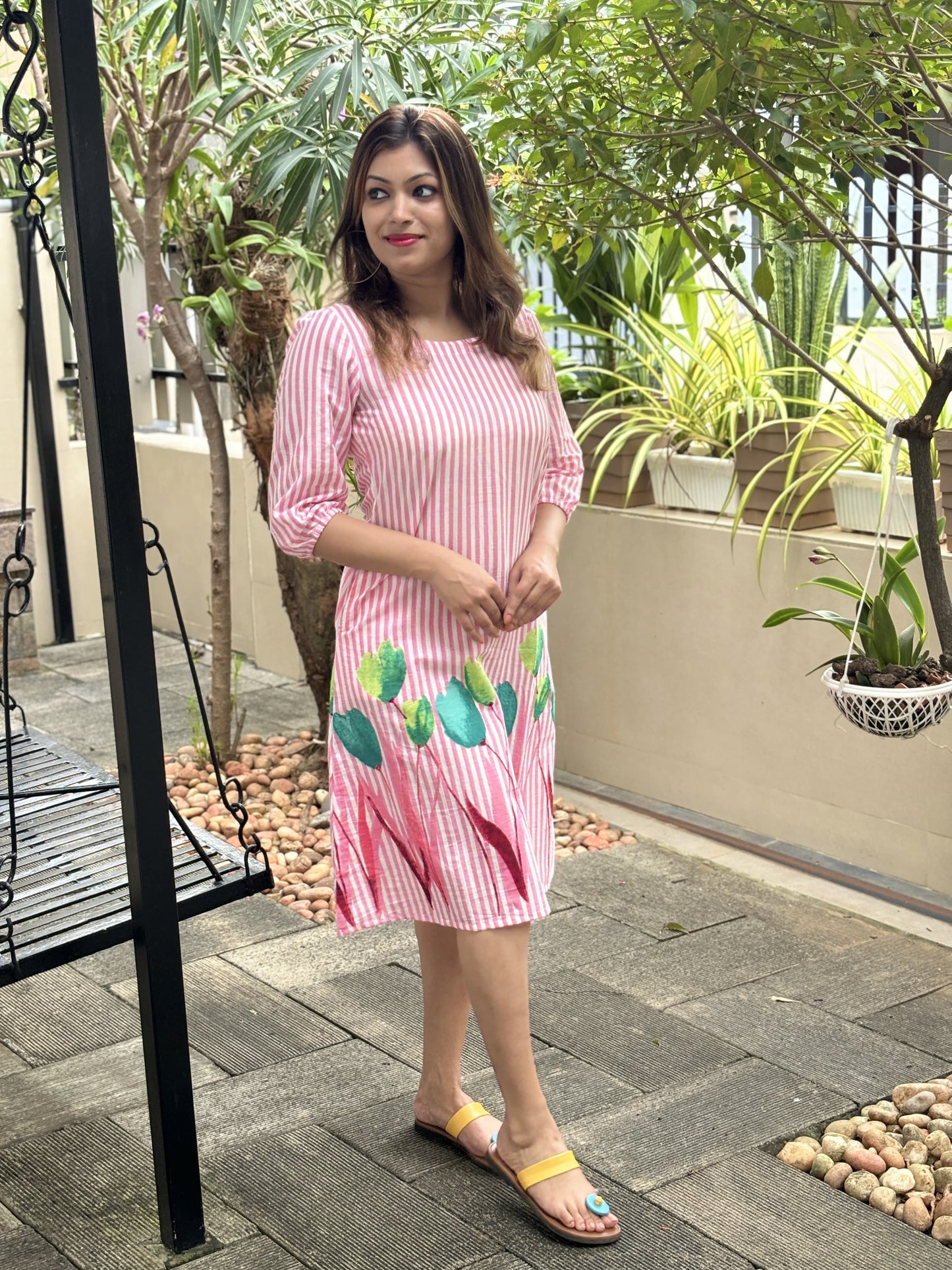 Pink Stripes Floral Border Cotton Dress