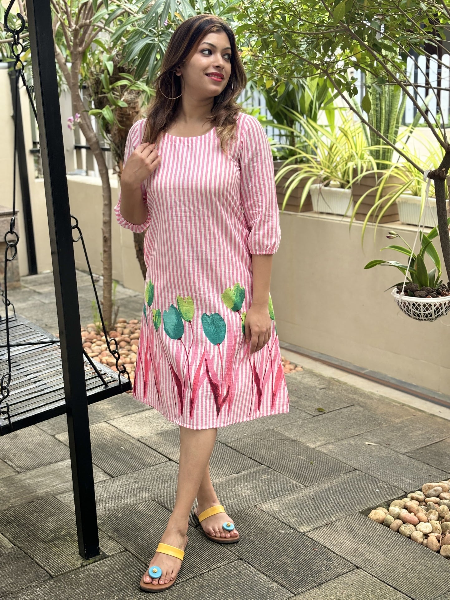 Pink Stripes Floral Border Cotton Dress