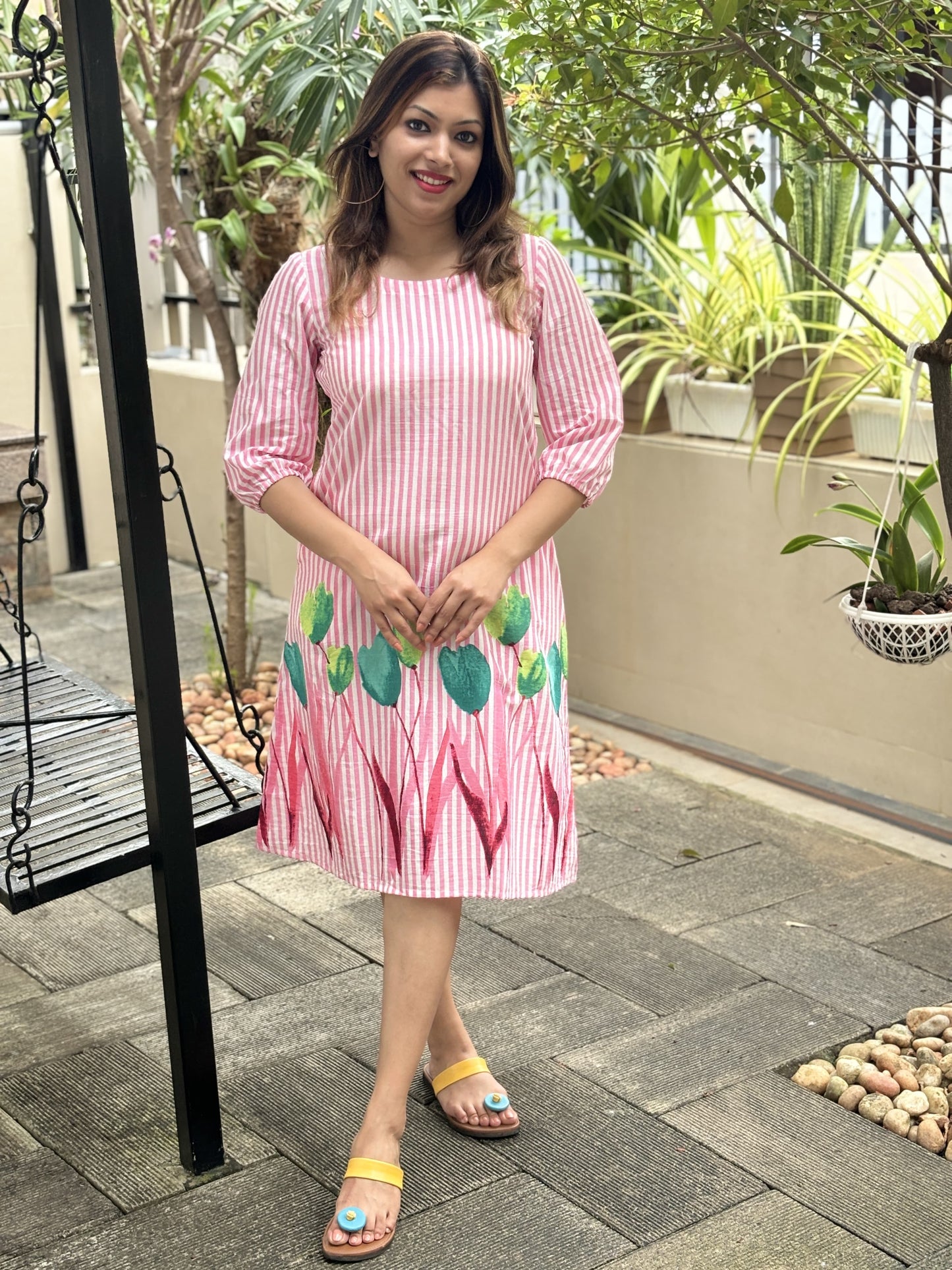 Pink Stripes Floral Border Cotton Dress
