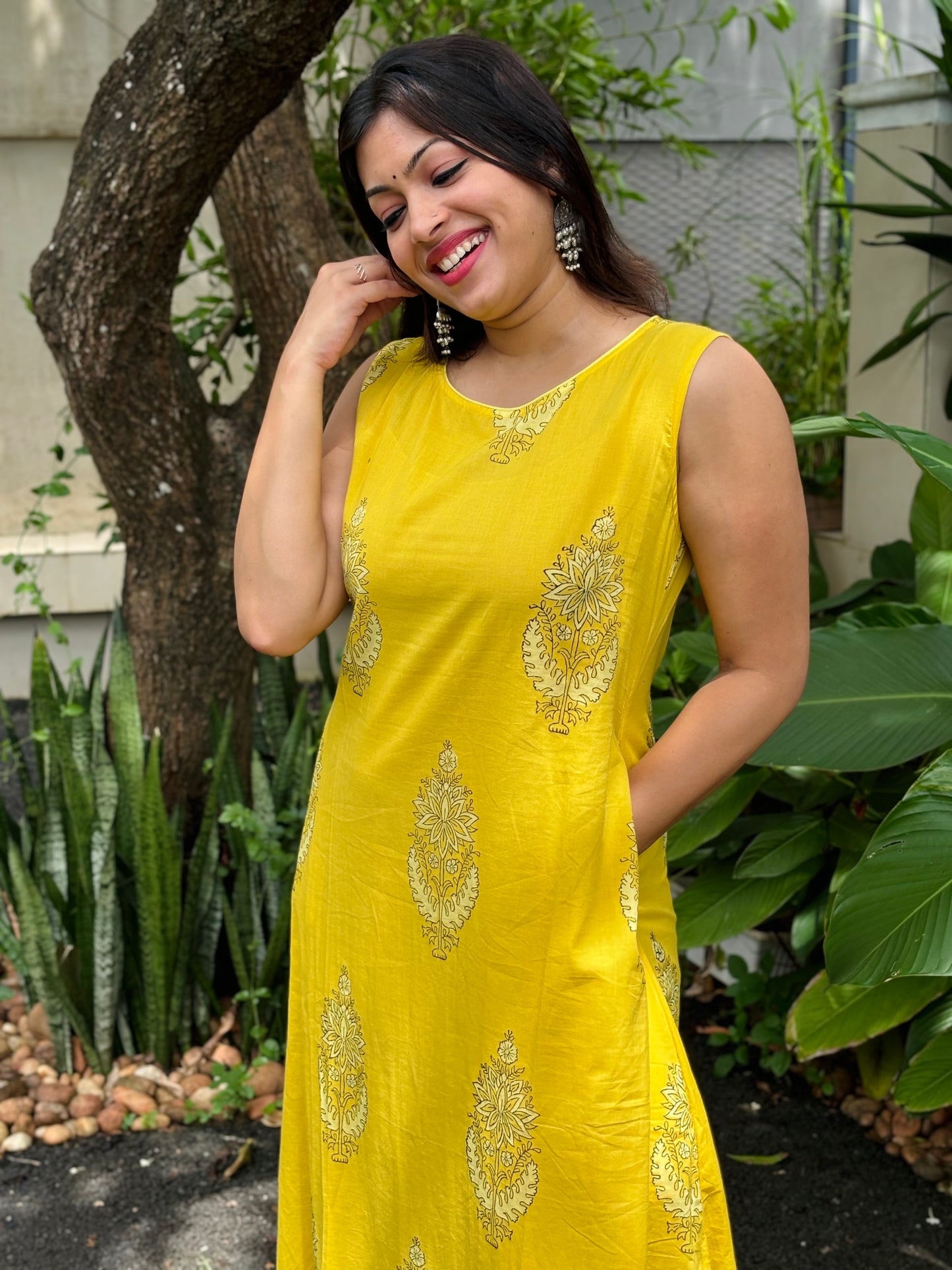Yellow Dabu Print Co-ord Set - (With Attachable Sleeves)