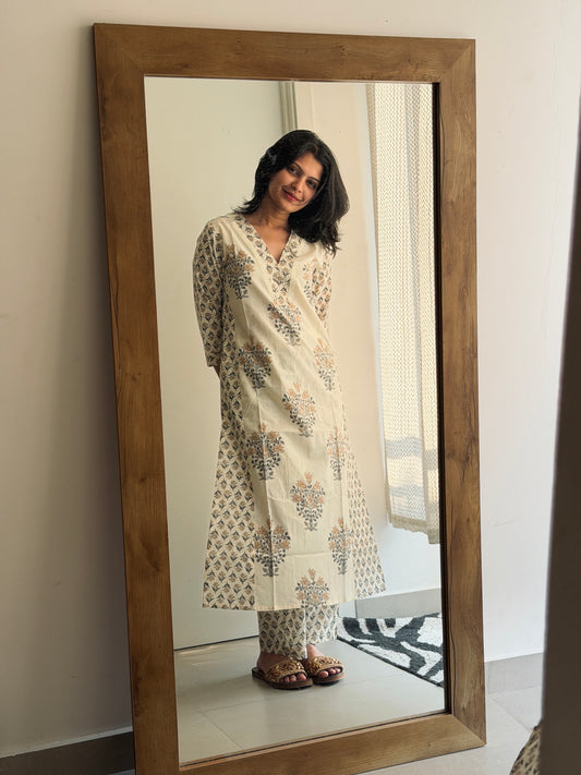 Off White Peach Floral Cotton Co-ord Set