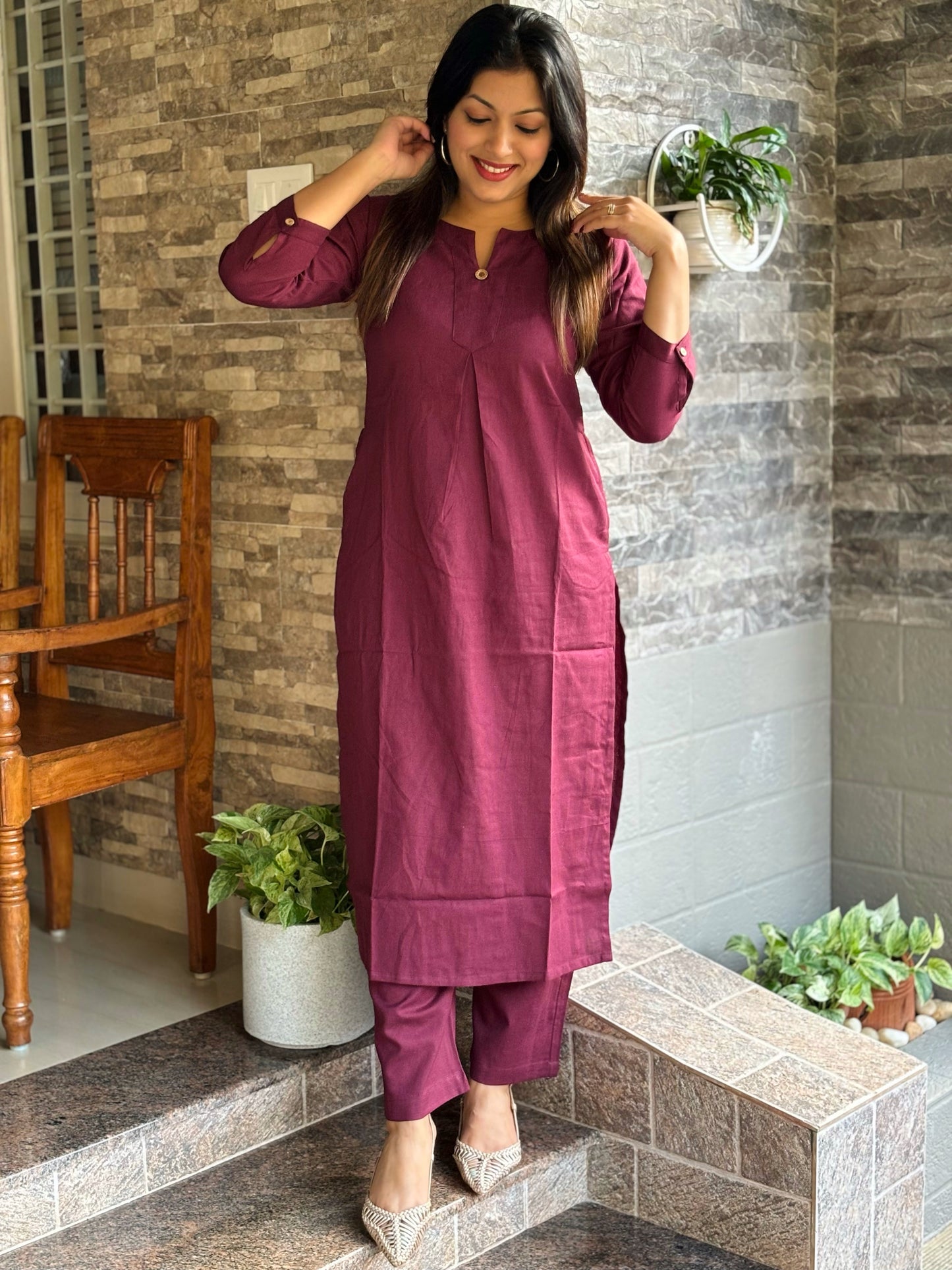 Maroon Wine Plain Cotton Co-ord Set
