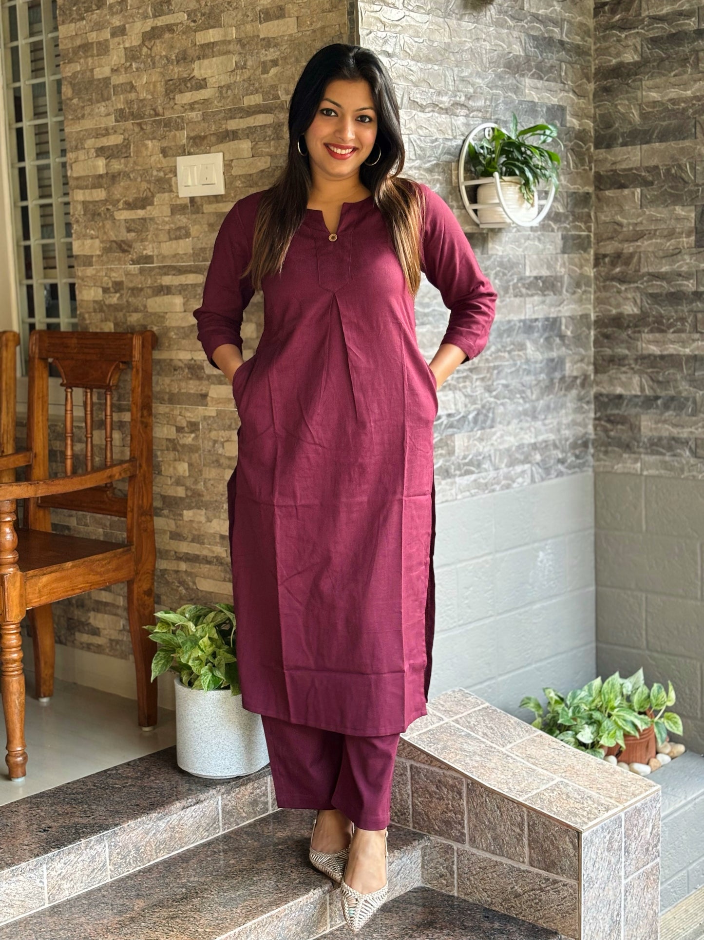 Maroon Wine Plain Cotton Co-ord Set