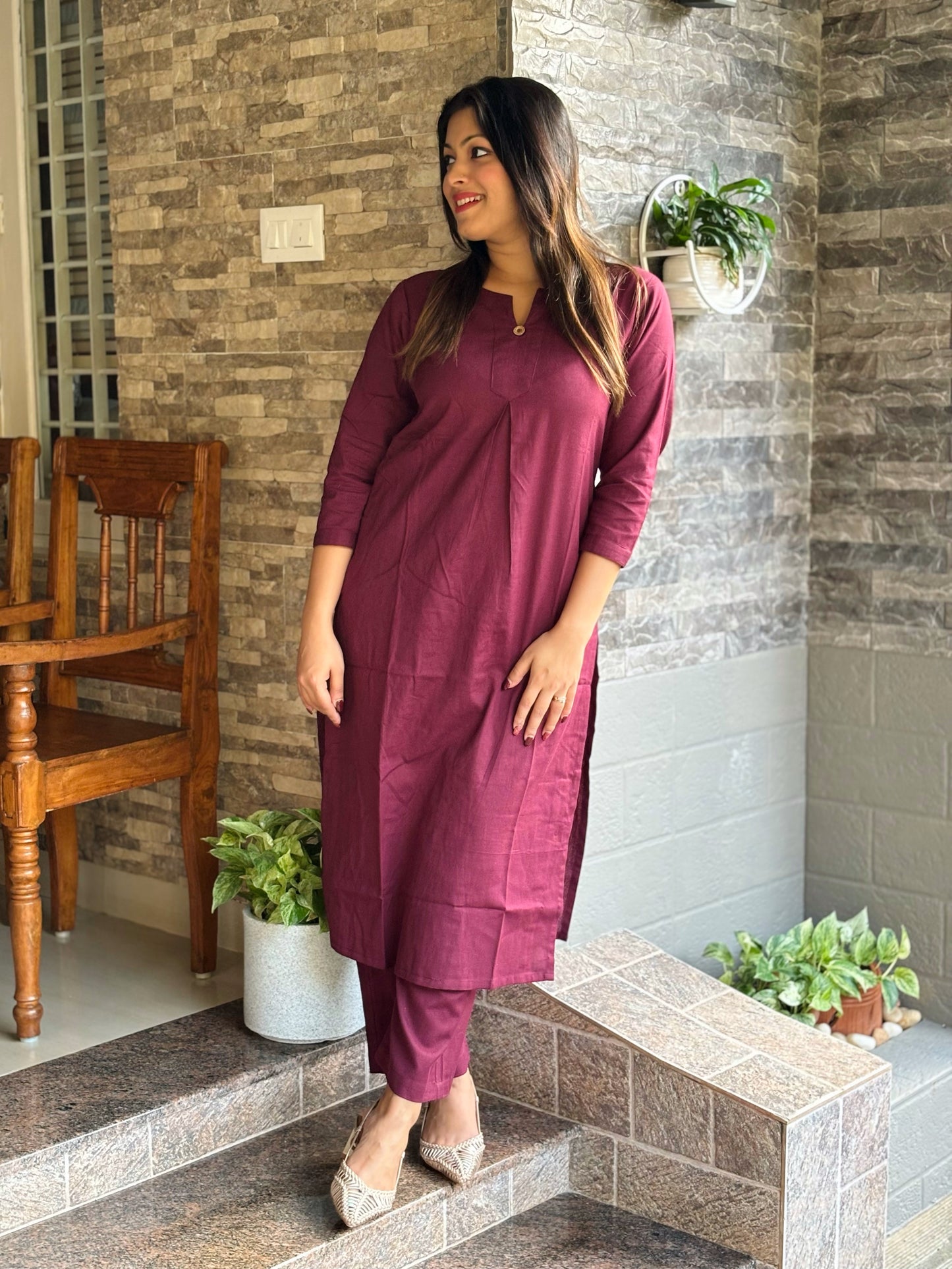 Maroon Wine Plain Cotton Co-ord Set