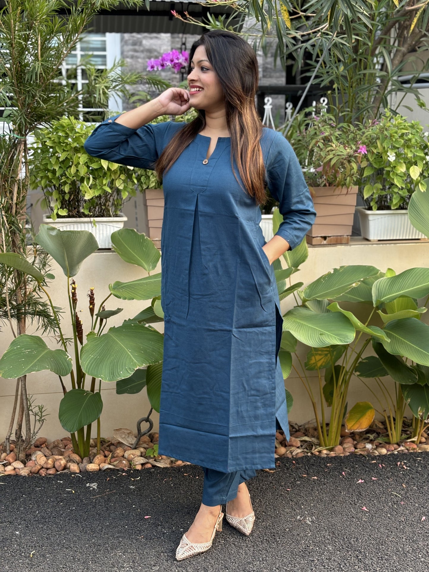 Teal Blue Plain Cotton Co-ord Set