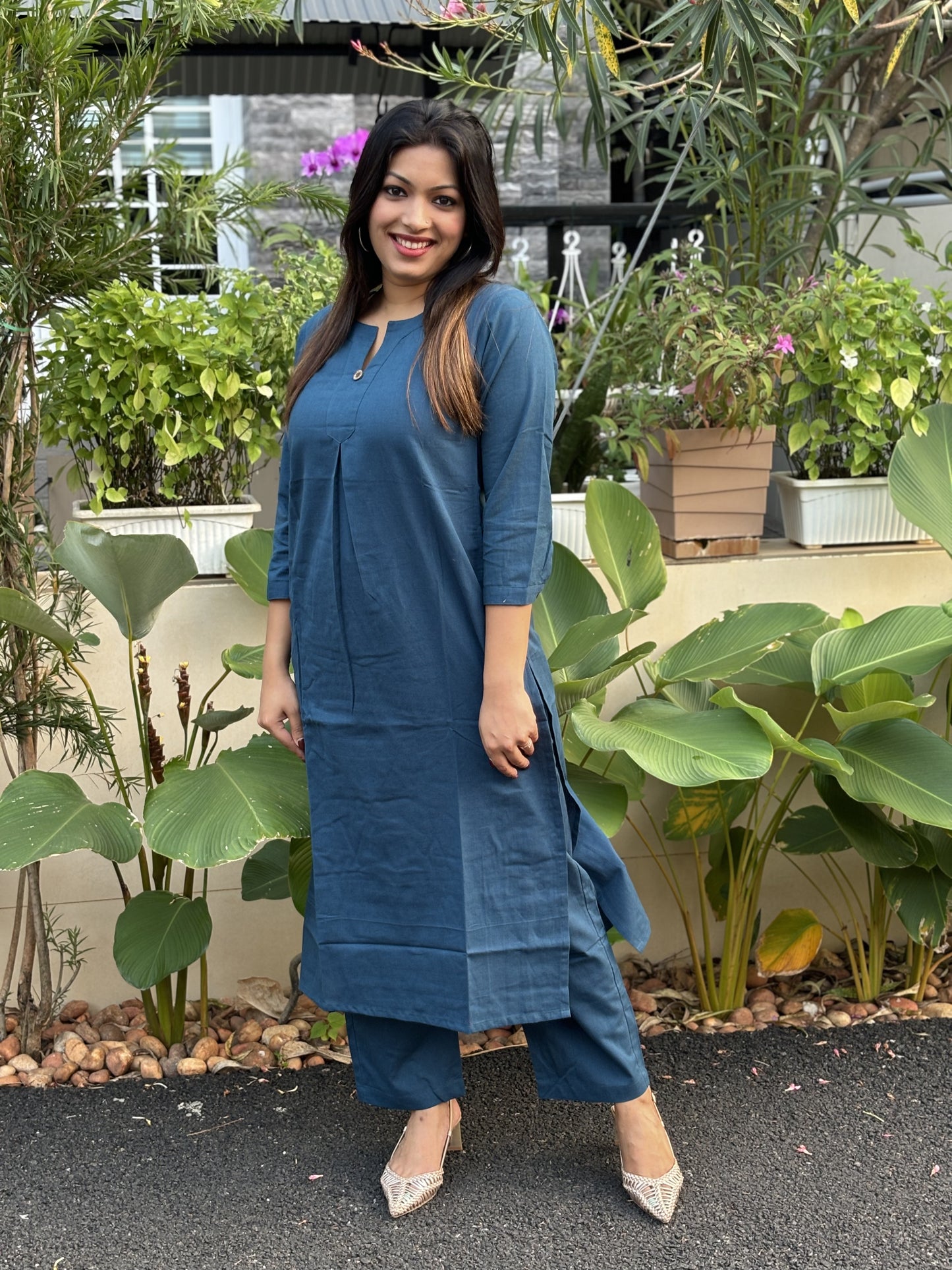 Teal Blue Plain Cotton Co-ord Set