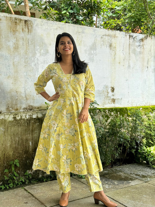 Anarkali Lime Green Cotton Co-ord Set