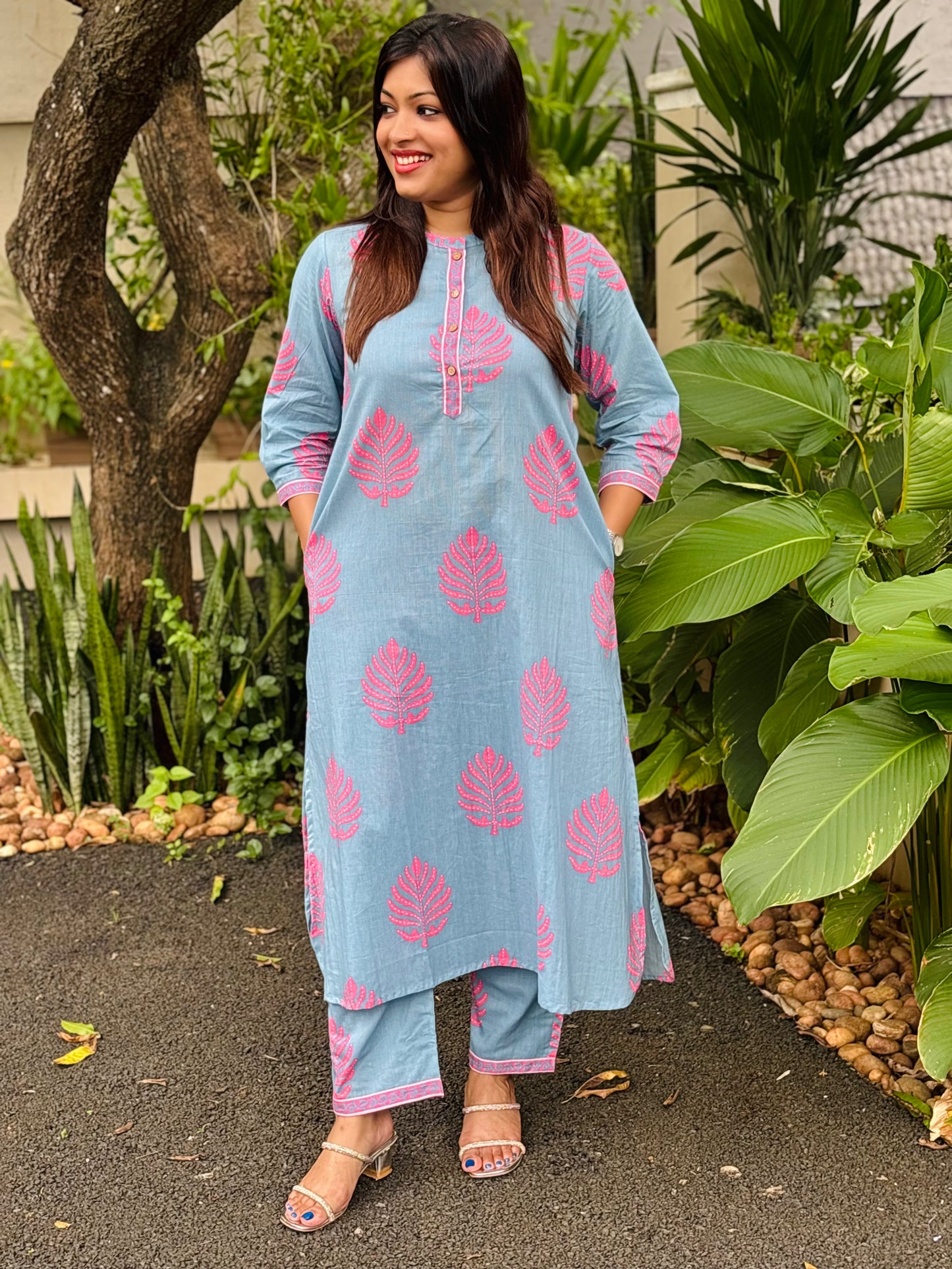 Powder Blue with Pink Floral Cotton Co-ord Set
