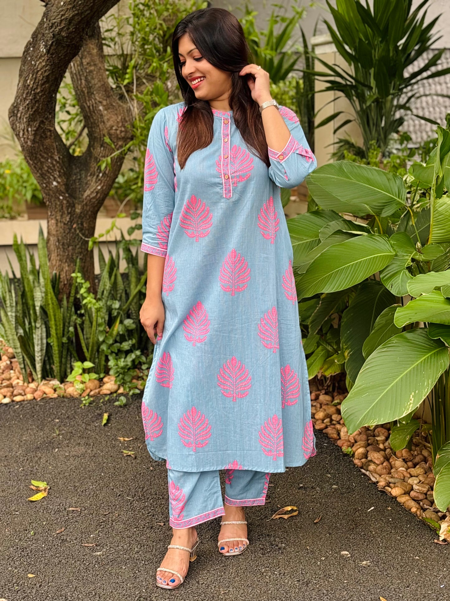 Powder Blue with Pink Floral Cotton Co-ord Set