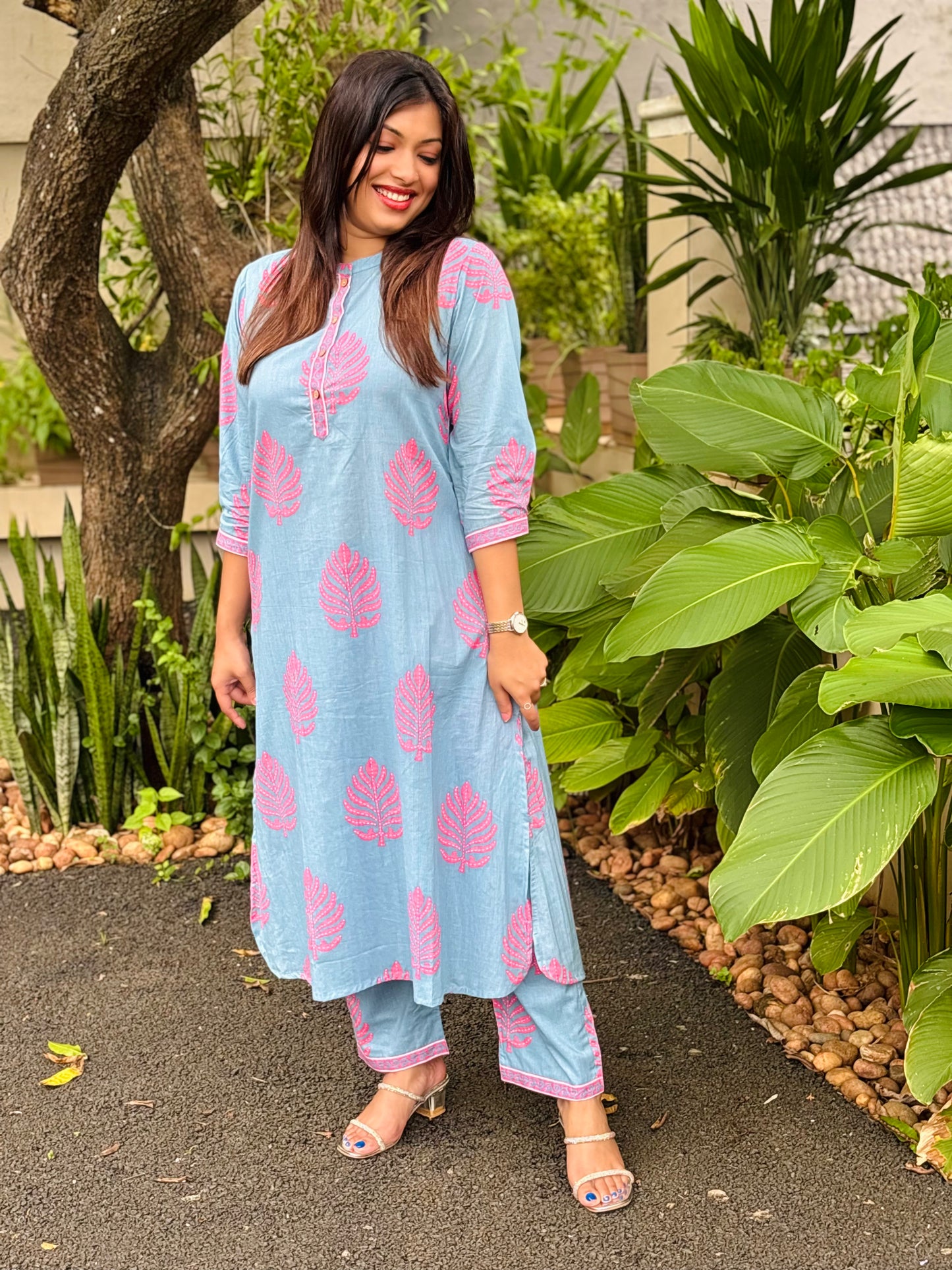 Powder Blue with Pink Floral Cotton Co-ord Set