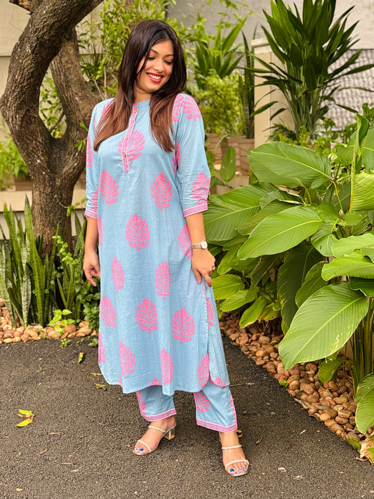 Powder Blue with Pink Floral Cotton Co-ord Set
