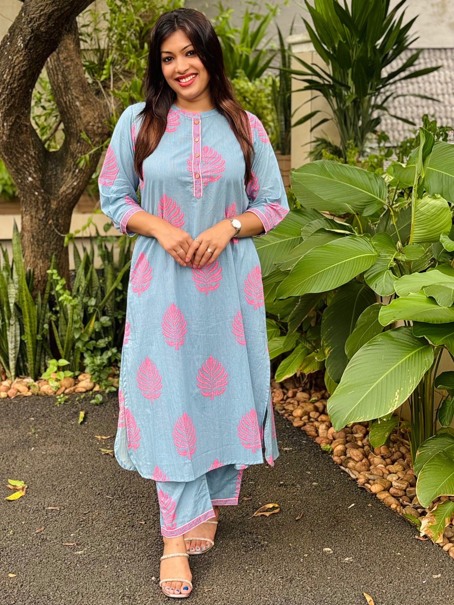 Powder Blue with Pink Floral Cotton Co-ord Set