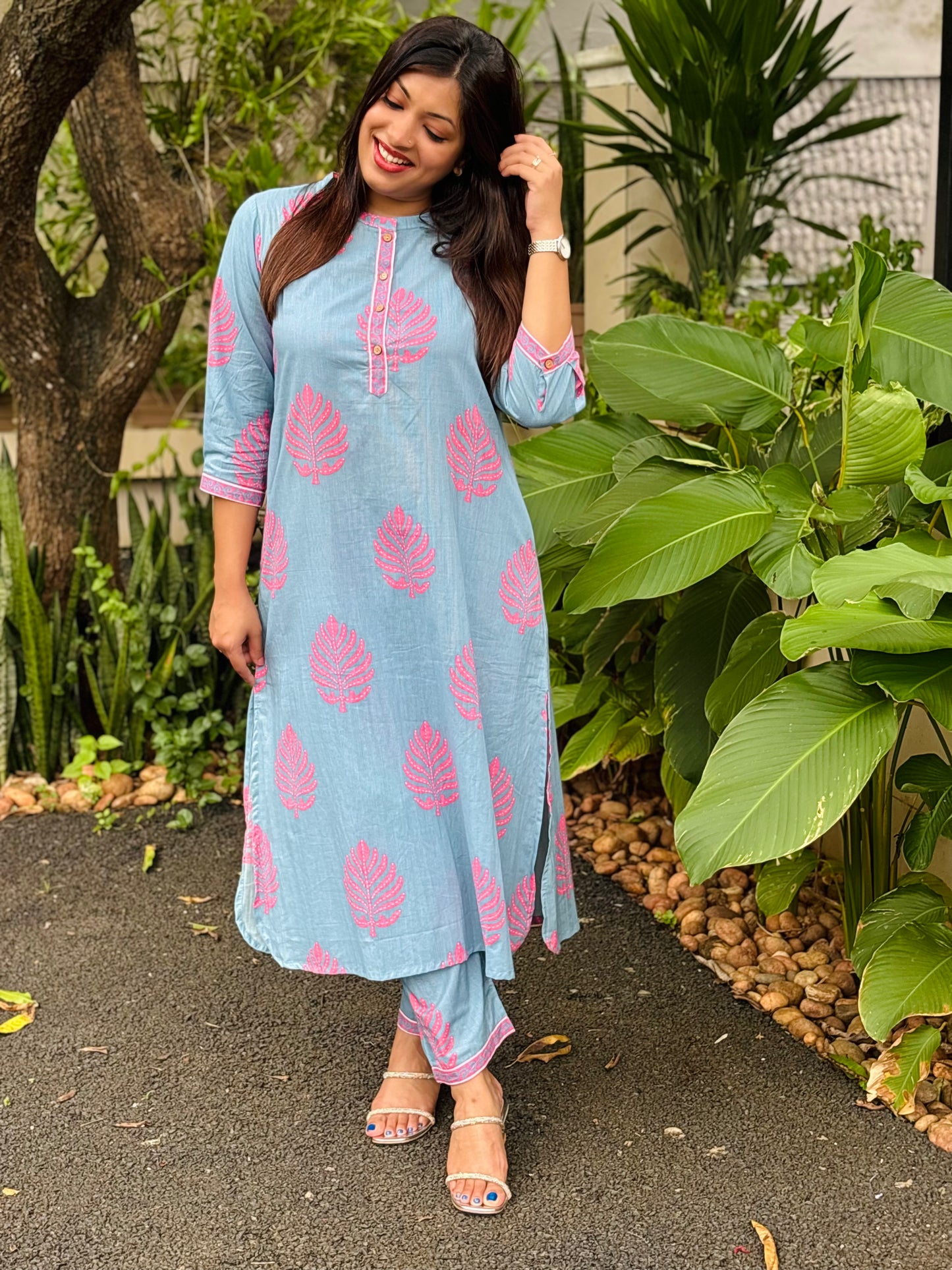 Powder Blue with Pink Floral Cotton Co-ord Set