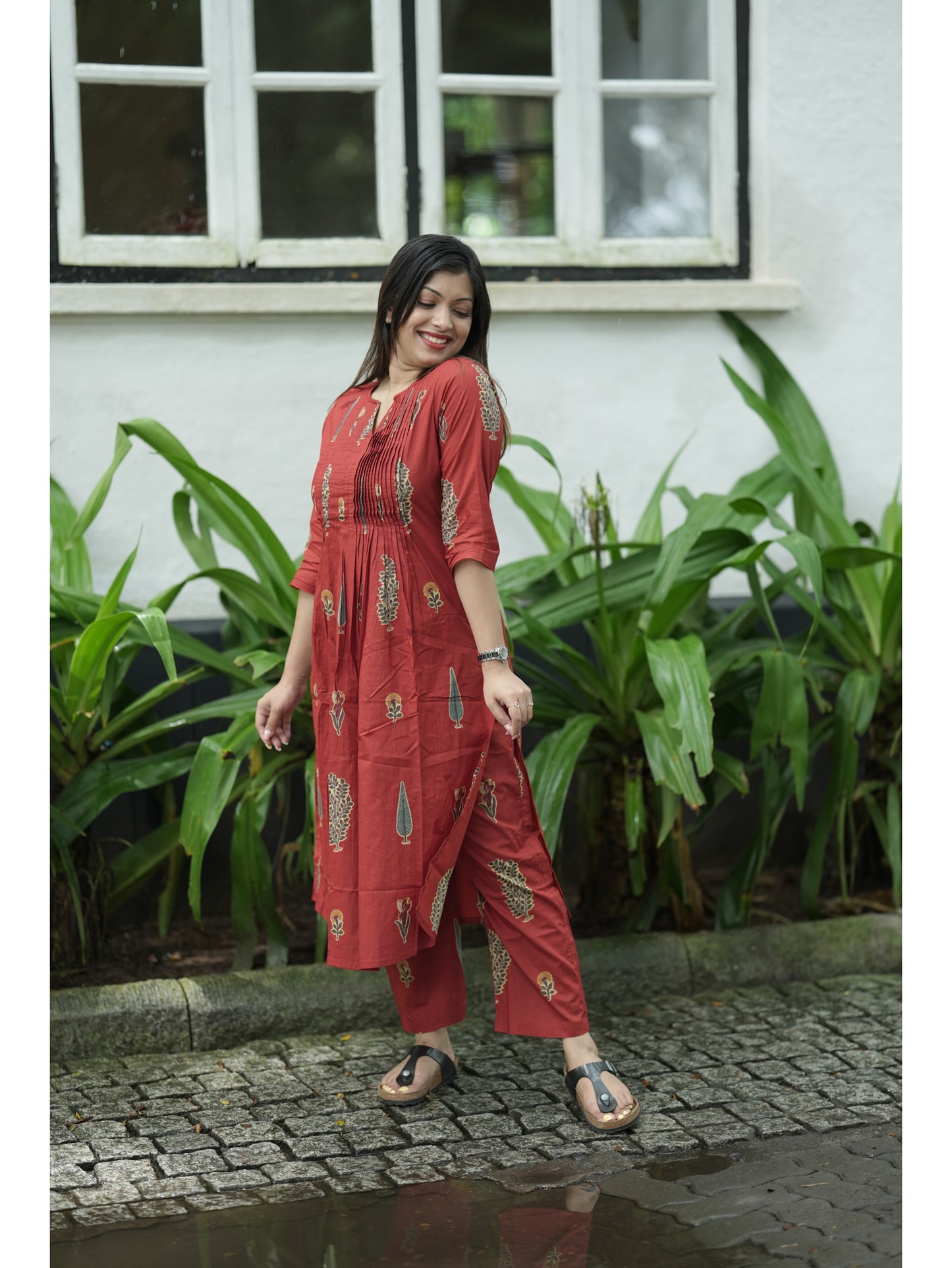 Rust Orange Sanganeri Floral Co-ord Set