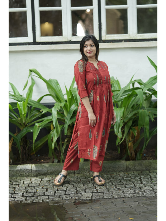 Rust Orange Sanganeri Floral Co-ord Set