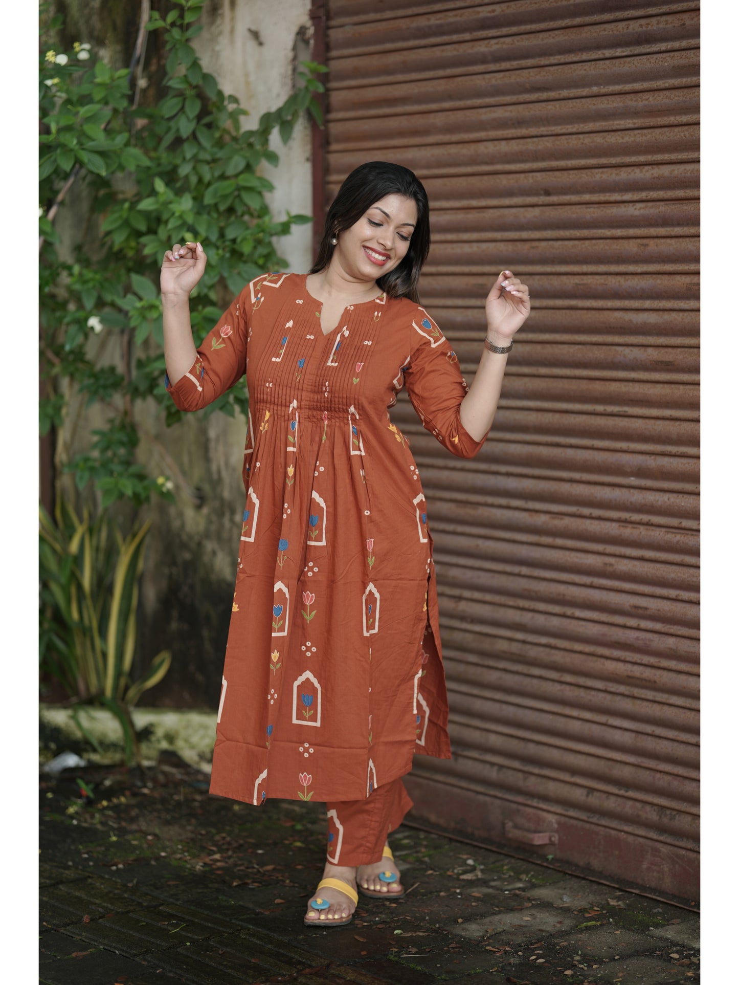 Rust orange Sanganeri Floral Co-ord Set