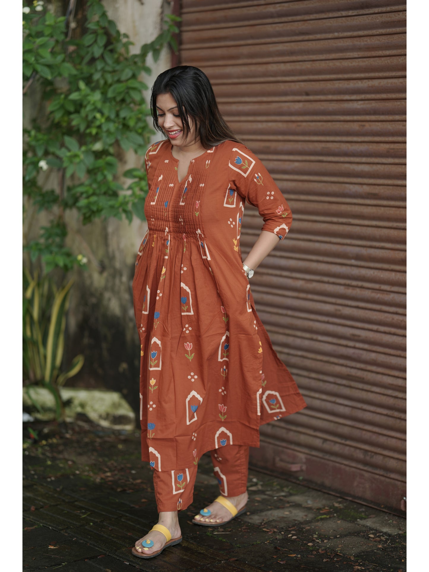 Rust orange Sanganeri Floral Co-ord Set