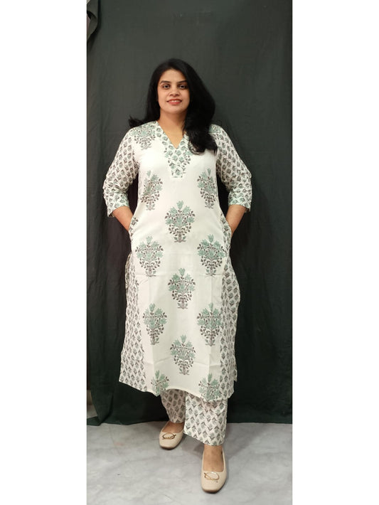 Off White Mint Green Floral Cotton Co-ord Set