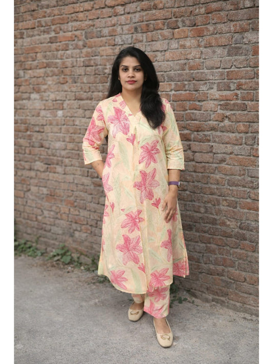 Cream Pink Floral Cotton Co-ord Set