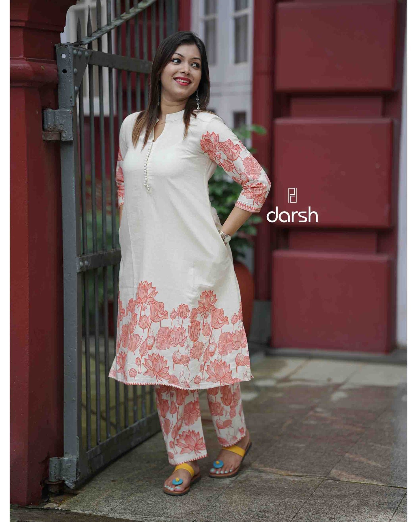 Peach Floral border Co-ord Set