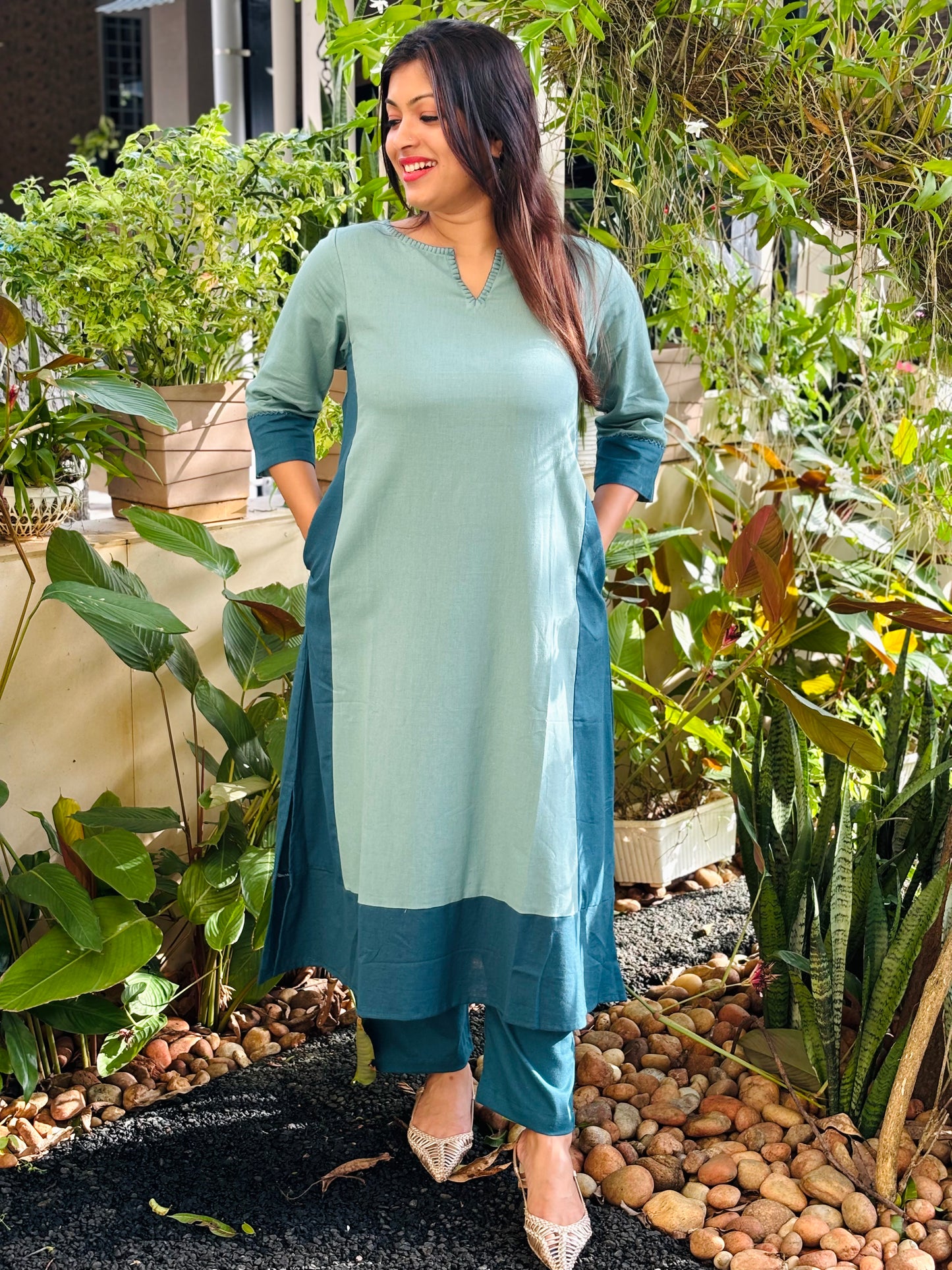 Light and Dark Sea Green Plain Cotton Co-ord Set