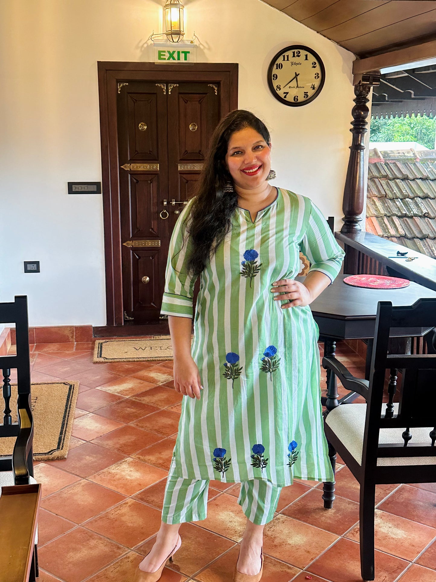 Floral Embroidery Green Stripe Co-ord Set