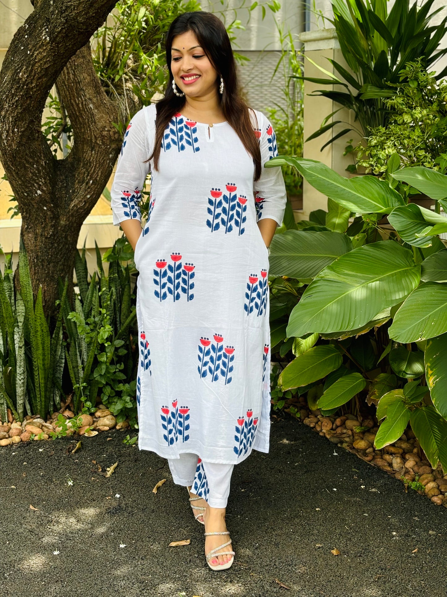 Blue Floral Block Printed Co-ord Set  - WITH LINING