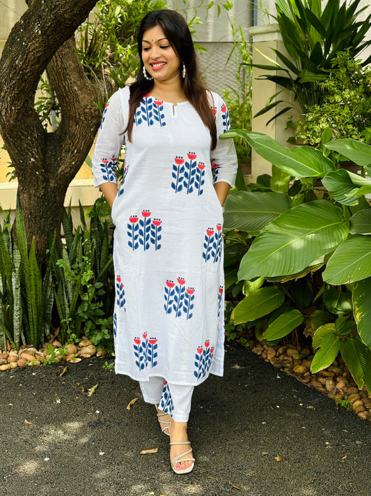 Blue Floral Block Printed Co-ord Set  - WITH LINING