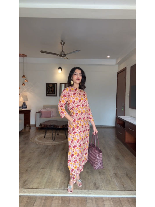 Maroon & Yellow Floral Premium Cotton Co-ord Set Product Code : D134MARYELFLORAL