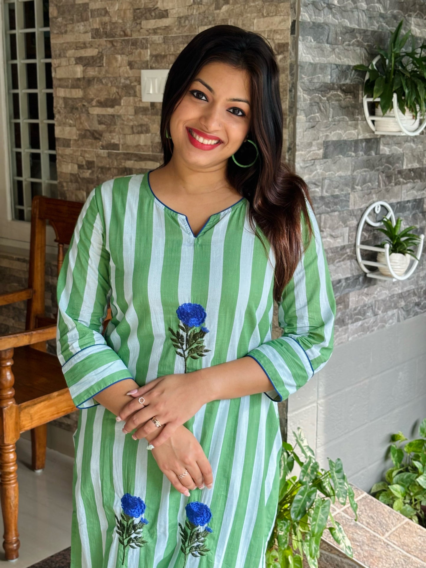 Floral Embroidery Green Stripe Co-ord Set