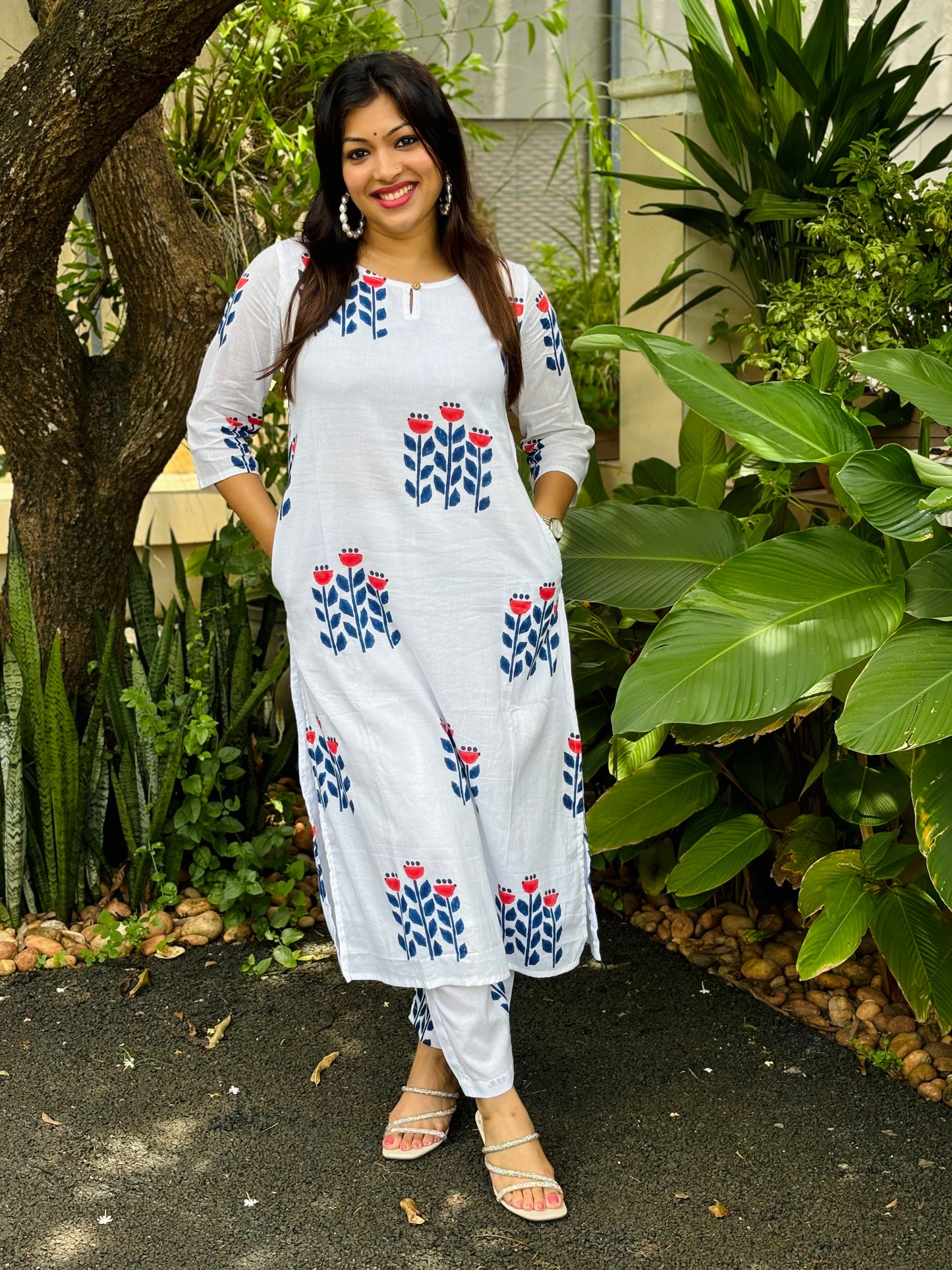 Blue Floral Block Printed Co-ord Set  - WITH LINING