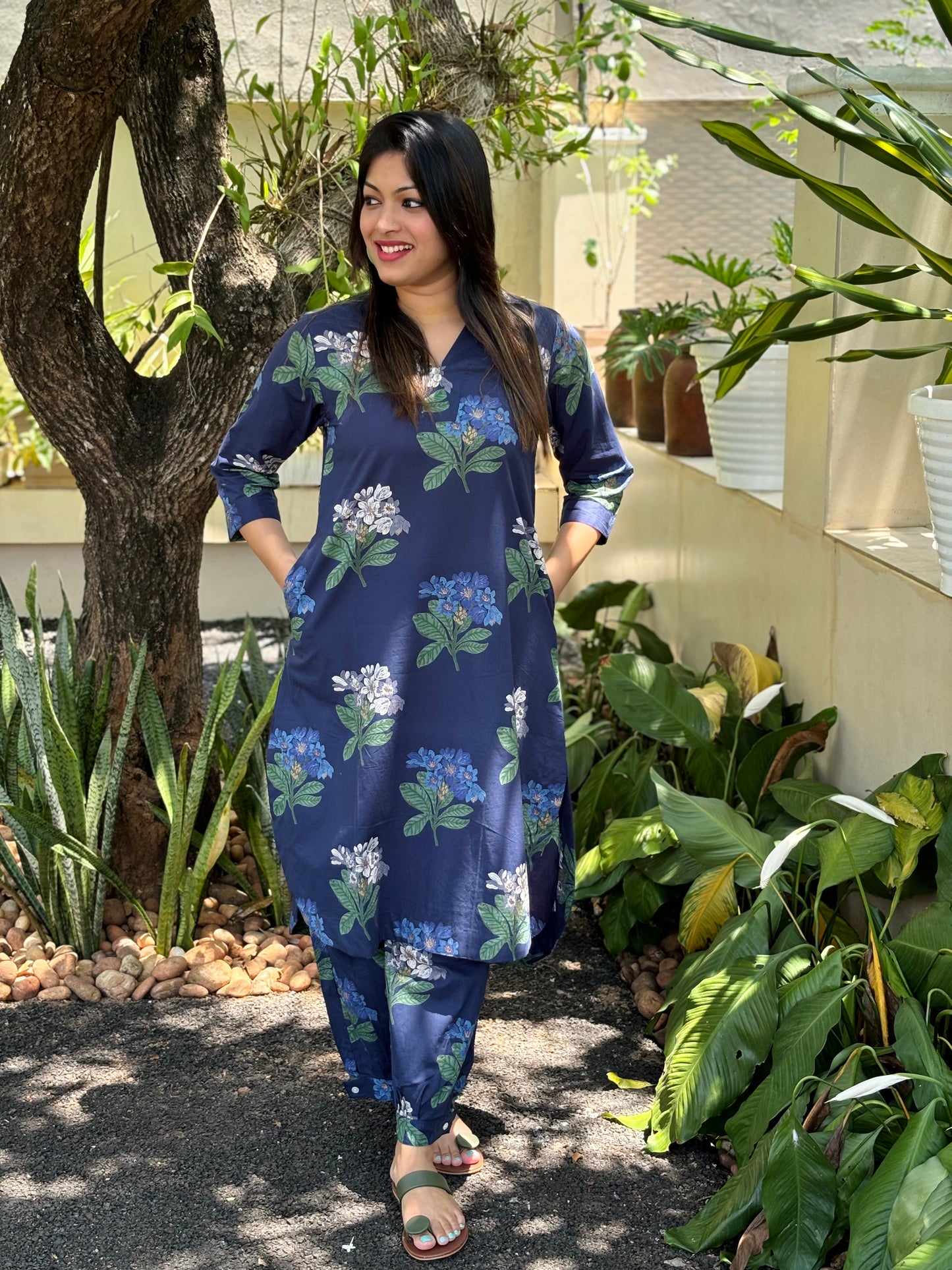Afghani Navy Blue Floral Cotton Co-ord Set