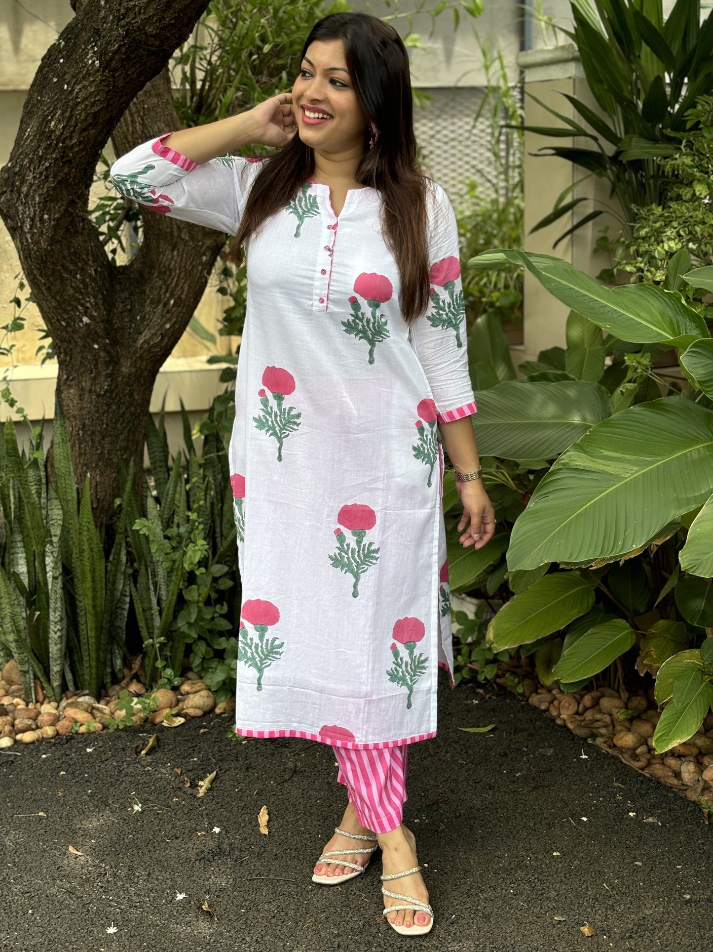Pink Floral Block Printed Kurta Set with Stripes Bottom - WITH LINING