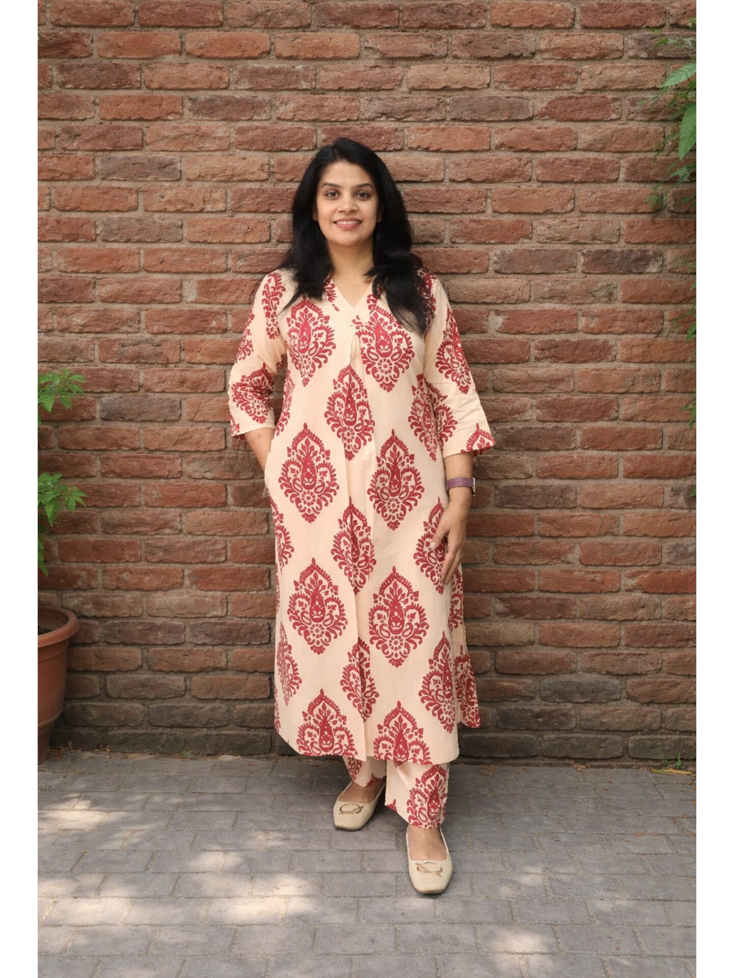 Light Peach Maroon Floral Cotton Co-ord Set