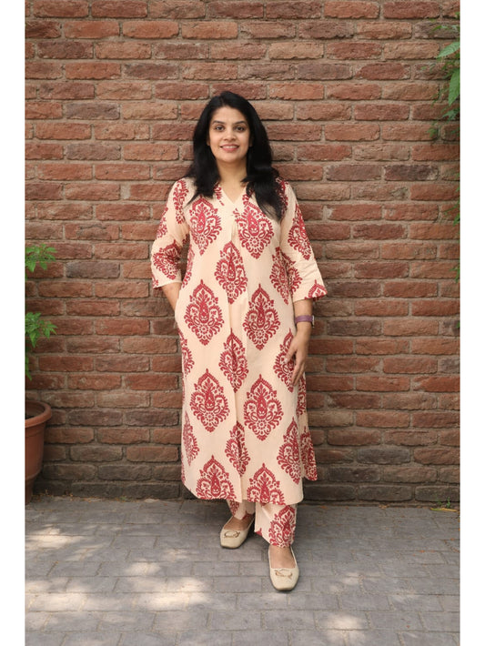 Light Peach Maroon Floral Cotton Co-ord Set