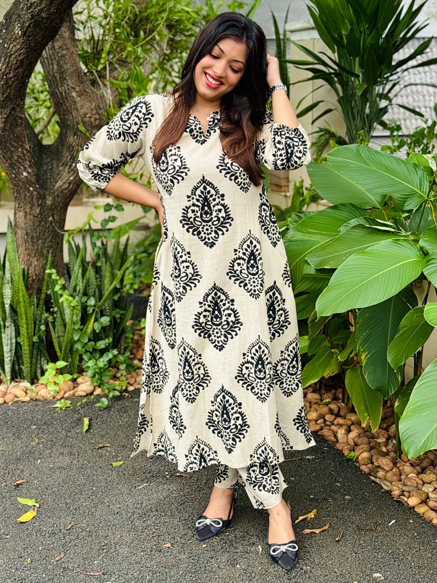 Beige and Black Floral Co-ord Set