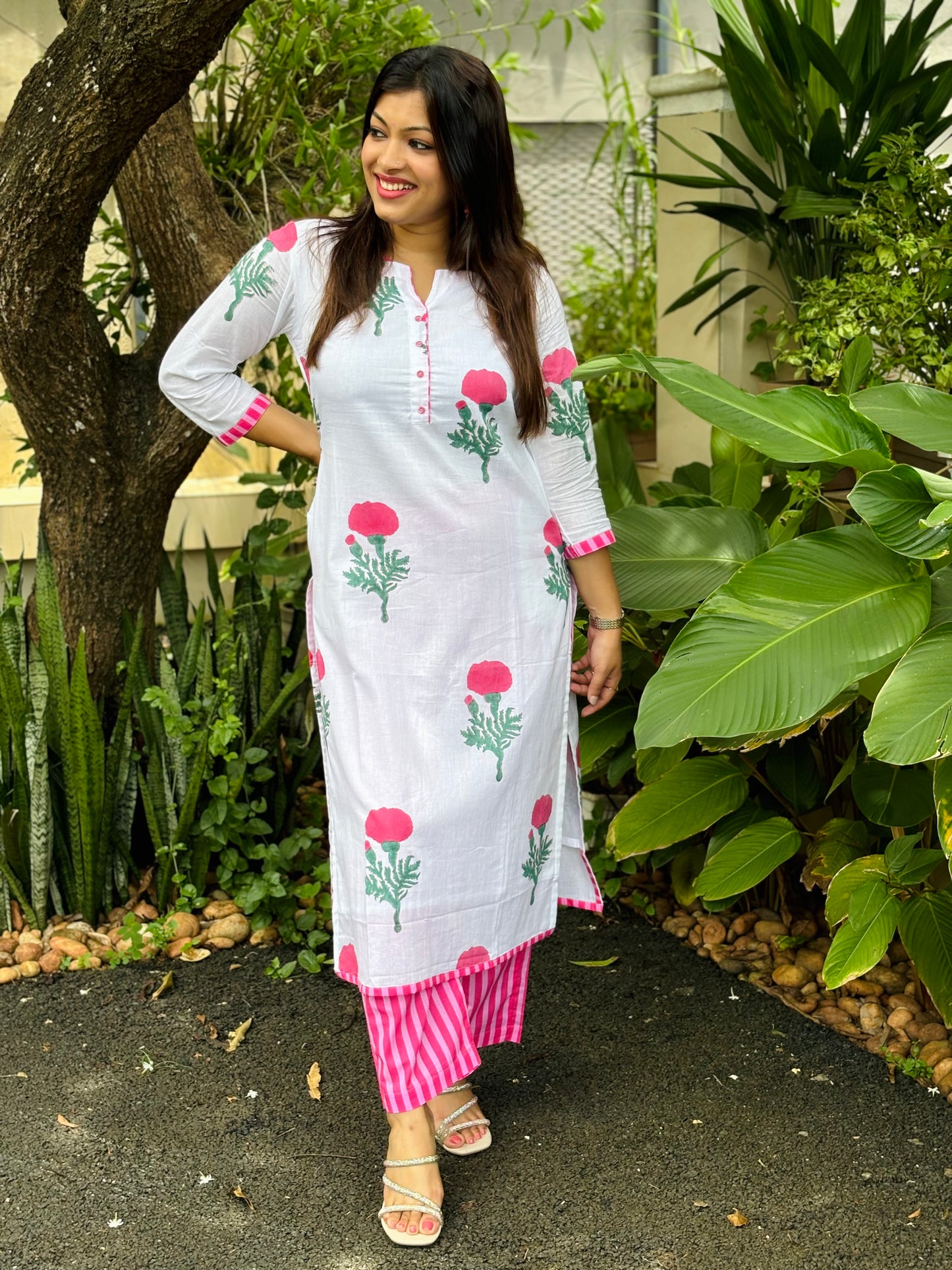 Pink Floral Block Printed Kurta Set with Stripes Bottom - WITH LINING