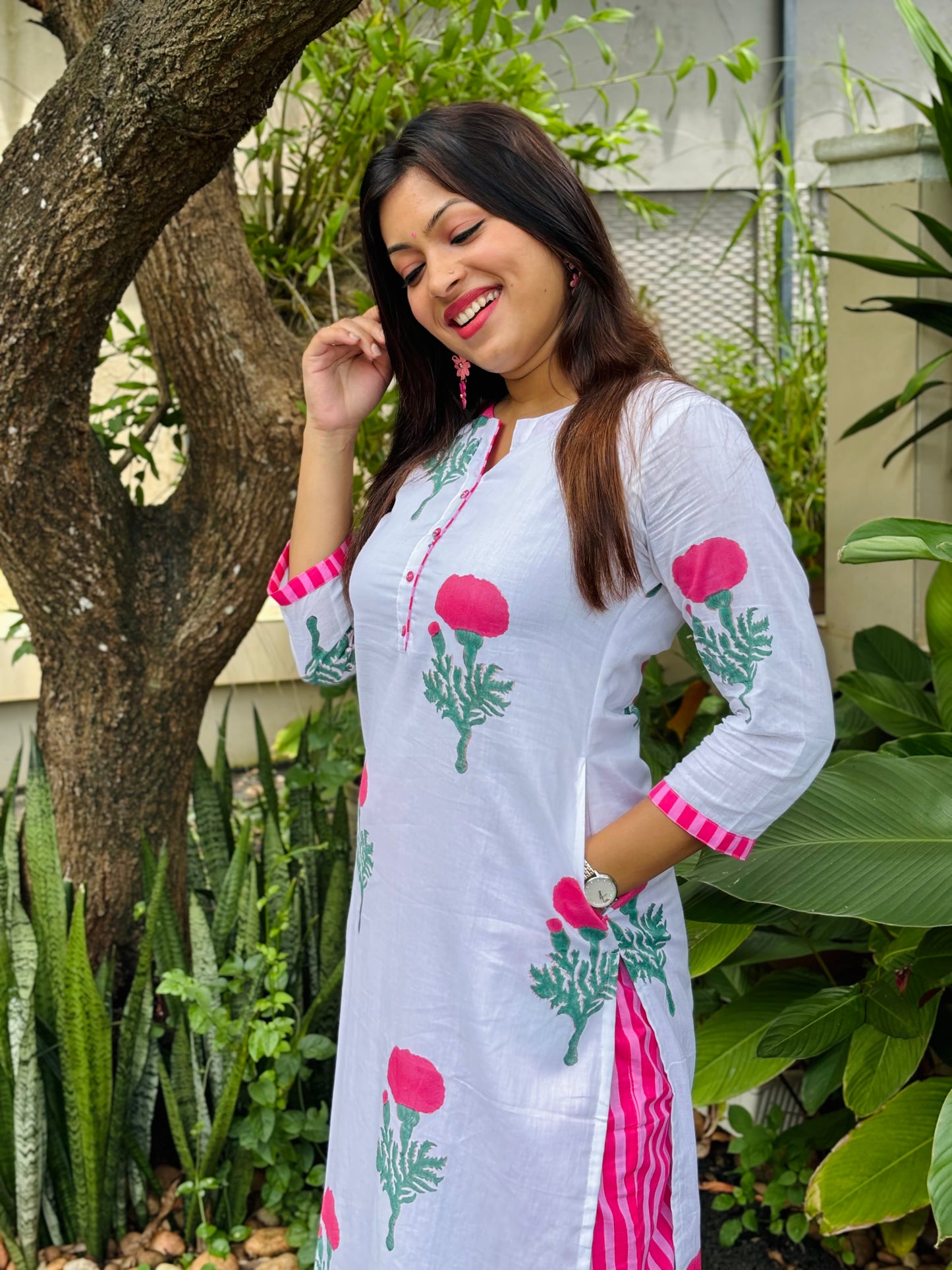 Pink Floral Block Printed Kurta Set with Stripes Bottom - WITH LINING