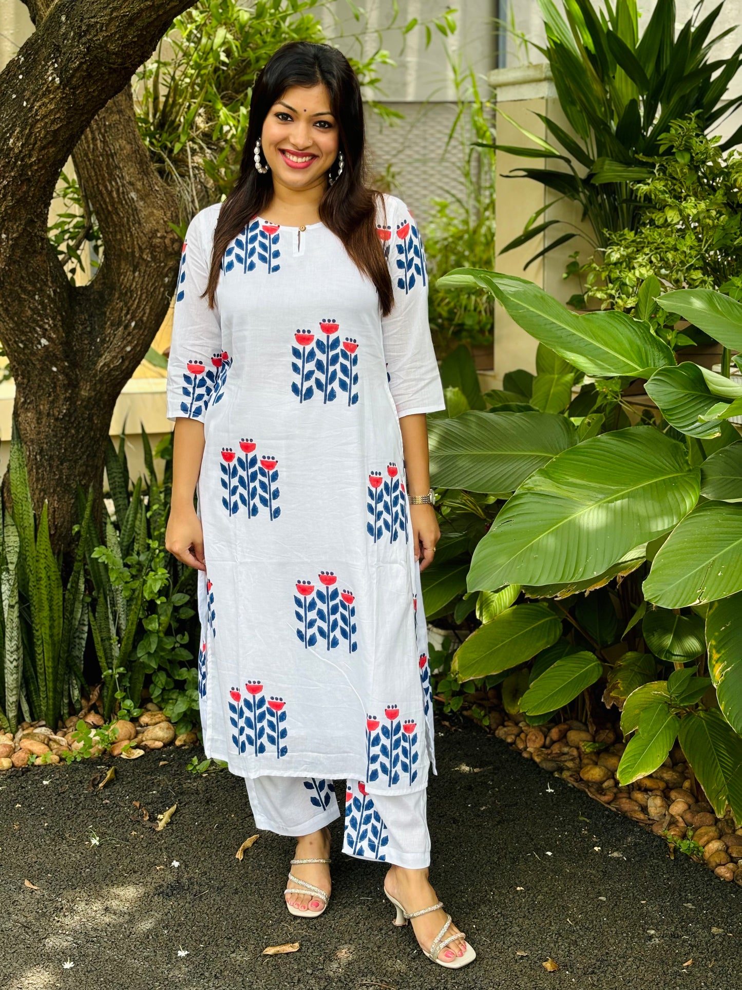 Blue Floral Block Printed Co-ord Set  - WITH LINING