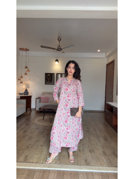 Pink Floral Print Premium Cotton Co-ord Set Product Code : D134PINKFLORAL